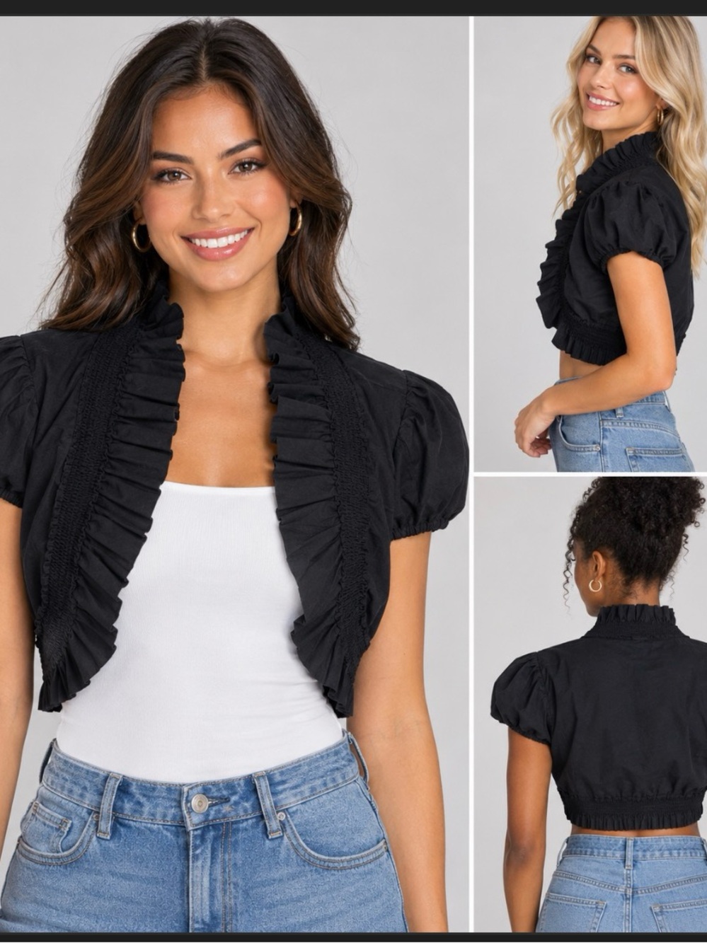 Medium Vtg 90s/Y2K Chocolate USA Cropped Black Ruffle Whimsygoth Shrug